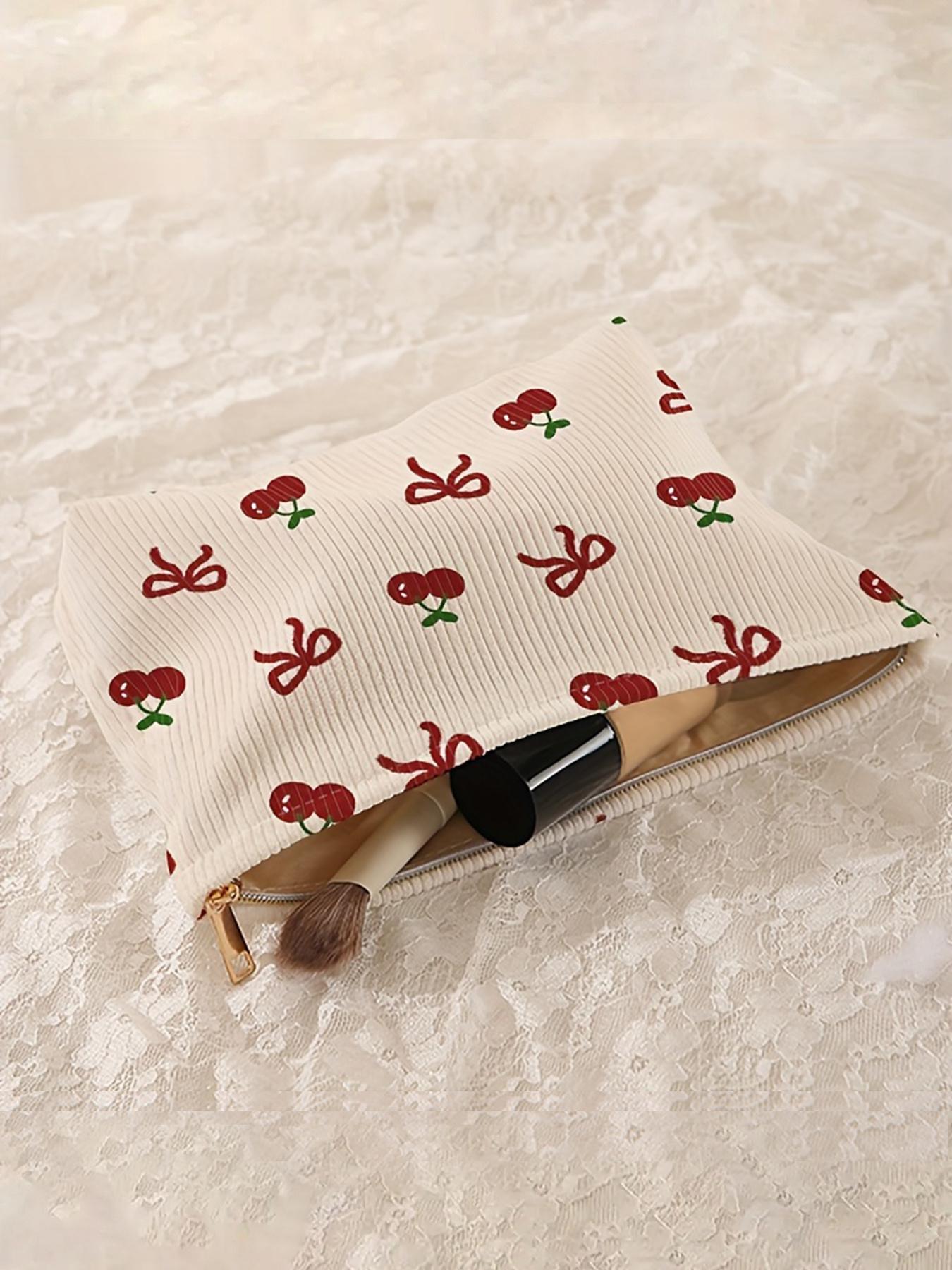 Cherry & Bow Pattern Makeup Bag, Lightweight Multi-functional Fashion Makeup Bag, Casual Travel Makeup Bag, Suitable for Leisure Travel and Various Occasions, Travel Cosmetic Bags, Makeup Pouch, Makeup Organizer Pouch, Travel Essentials, Travel Beauty Bag