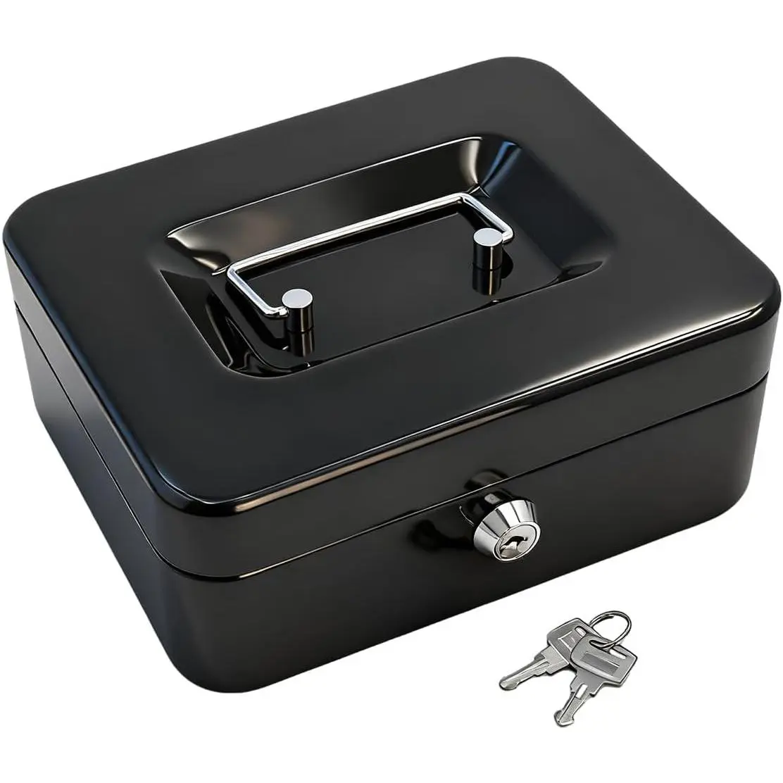 8"  Box with  Tray, Black, Medium | Metal  Safe Lock Box, Key Lock for Valuables, Five Compartment  Tray  Drawer, 7.79"x6.30"x3.34"