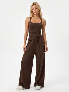 Women's Casual Solid Color Dual Strap Shirred Wide Leg Jumpsuit, Soft Sweat-Wicking Stretch Sportswear, Sporty Chic Jumpsuit, Drapable Breathable Loose Outfits for Spring & Summer, Athletic Jumpsuit