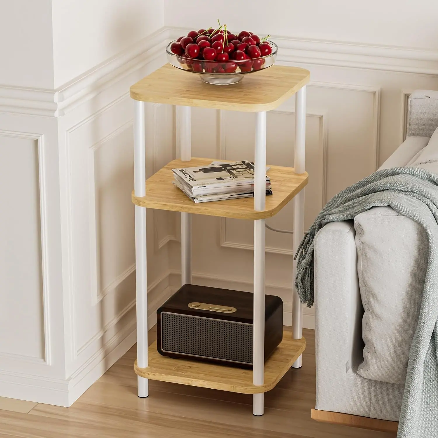 Bamboo End Table with Charging Station, Side Table for Small Space, Small Table Stand, Narrow Wooden Bedside Table Nightstand with Shelves, for Nursery, Living Room, Bedroom, Natural and White