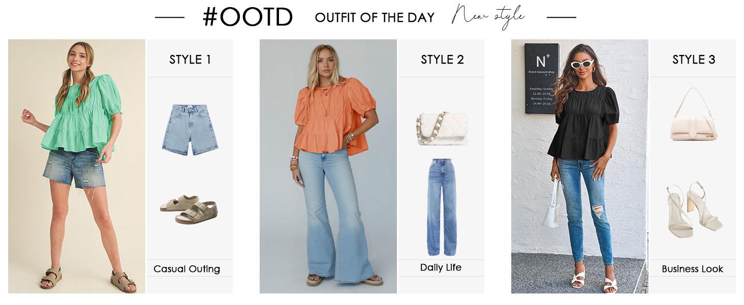 Womens Puff Sleeve Peplum Babydoll Tops Summer Smoked Pleated Cotton T-Shirts Casual Loose Fit Flowy Blouse