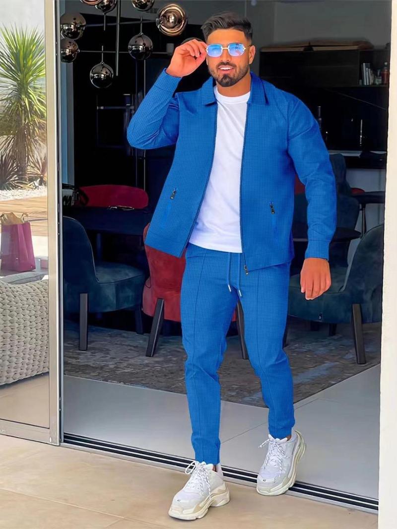 Men's Solid Color Jacket & Drawstring Waist Pants Two-piece Set, Regular Fit Casual Long Sleeve Outerwear & Pants for Daily Wear, Men's Two-piece Outfits for All Seasons