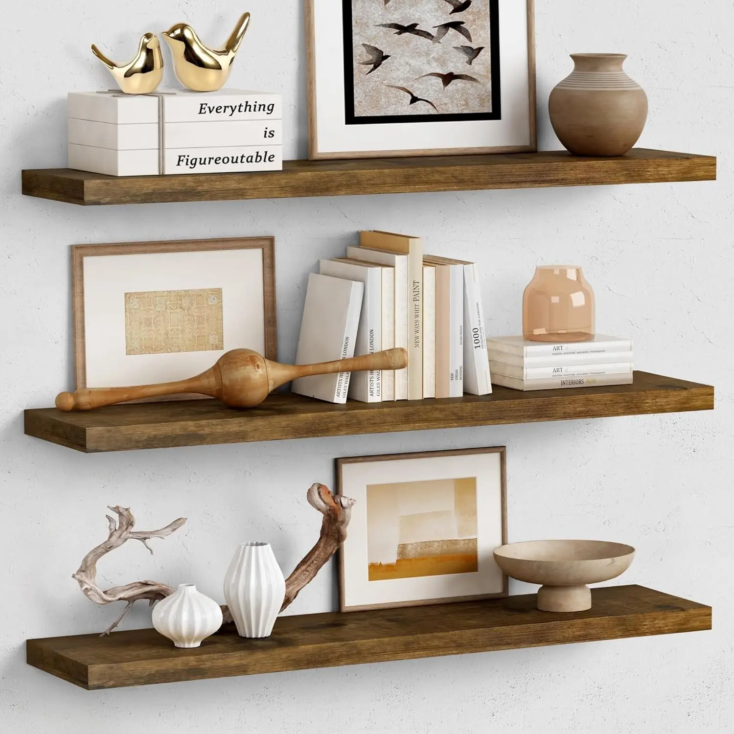 36 Inch Floating Shelves for Wall Long Set of 3, Large Deep Wall Shelves for Bedroom Living Room Decor, Rustic Wood Floating Shelf for Kitchen Closet Office TV Plants Books (Dark Brown)