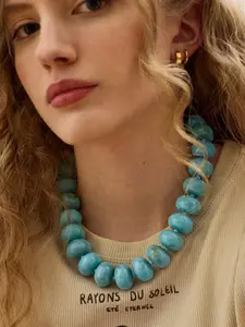 Dopamine Colors Women`s Bead Collar Necklace, Bohemian Style, Women's Chunky Choker Bead Necklace, Fashion Marble Look Statement Beads Jewelry, Stylish Accessory for Daily Wear
