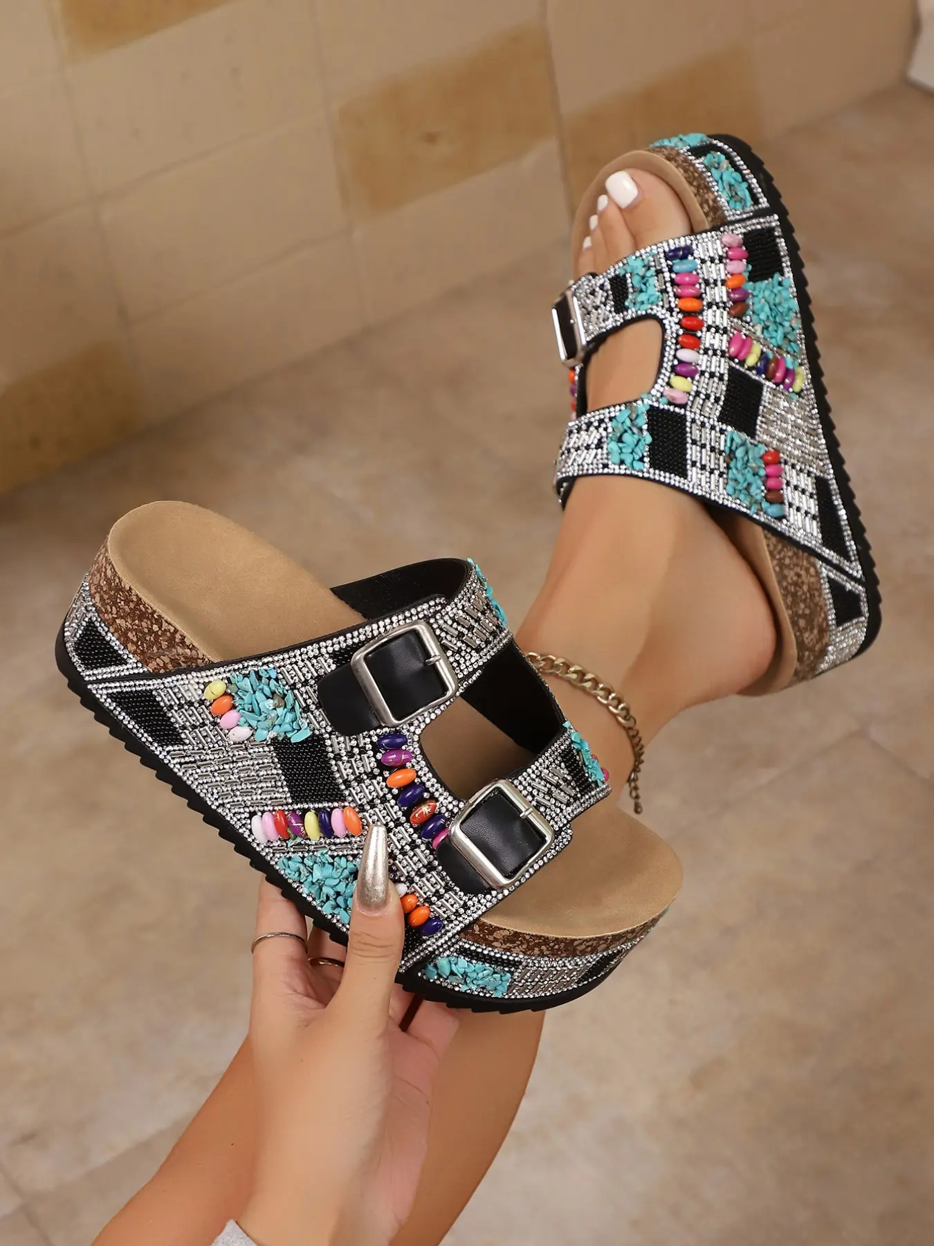 New Bohemian Style Thick Sole Women's Slippers, Thick Soled Slippers, Summer, Boho Style Slides, Dual Adjustable Metal Buckles, Soft Wood Midsole, Anti-Slip Rubber Outsole, Comfortable Foot Feel, Summer Slide Slippers