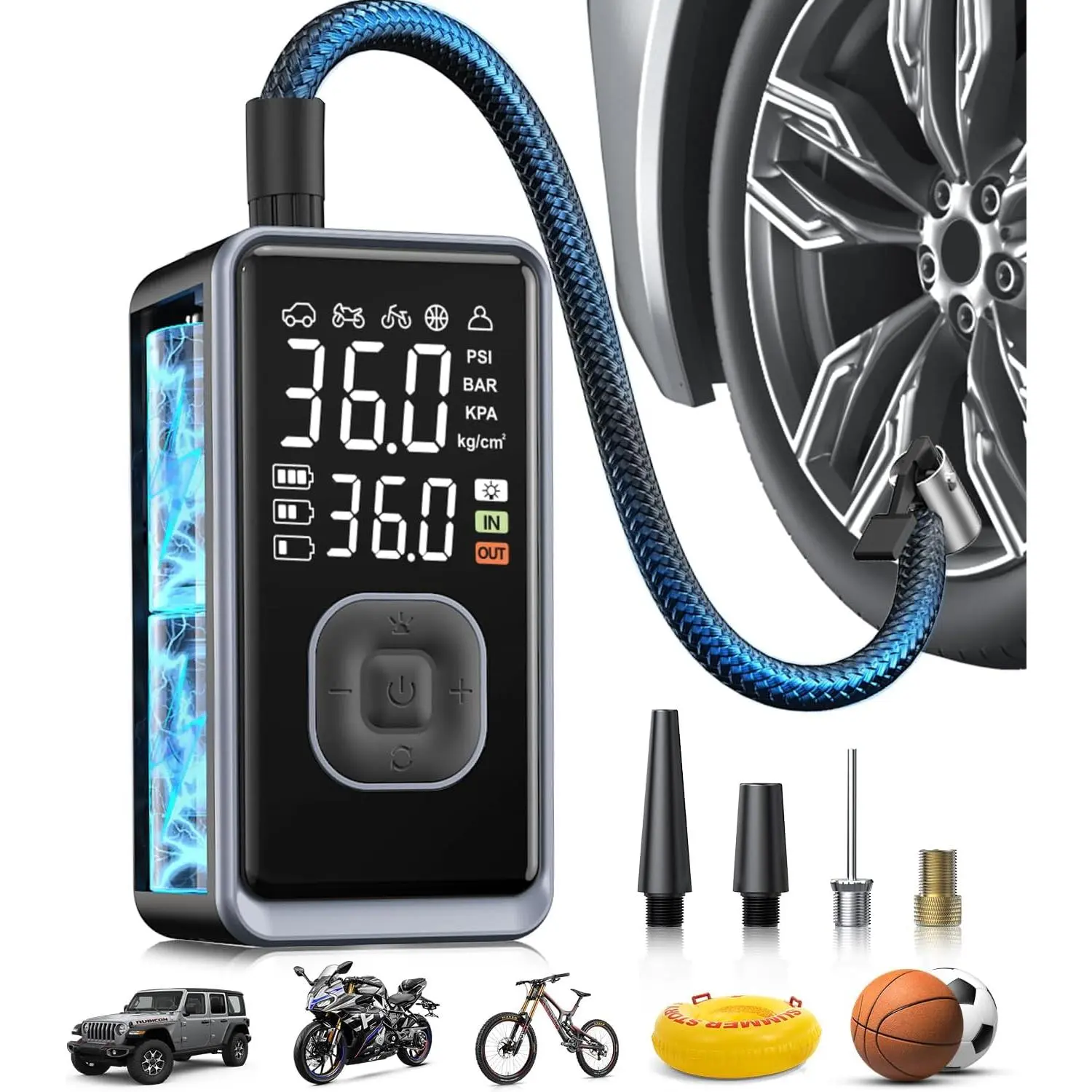Tire Inflator Portable Air Compressor, 150PSI Cordless Mini Air Pump with Digital Pressure, Bike Pump, 3X Fast Inflation Tire Inflator for Car, Motorcycle, Bike, Ball-LED Light and Auto Shut-Off