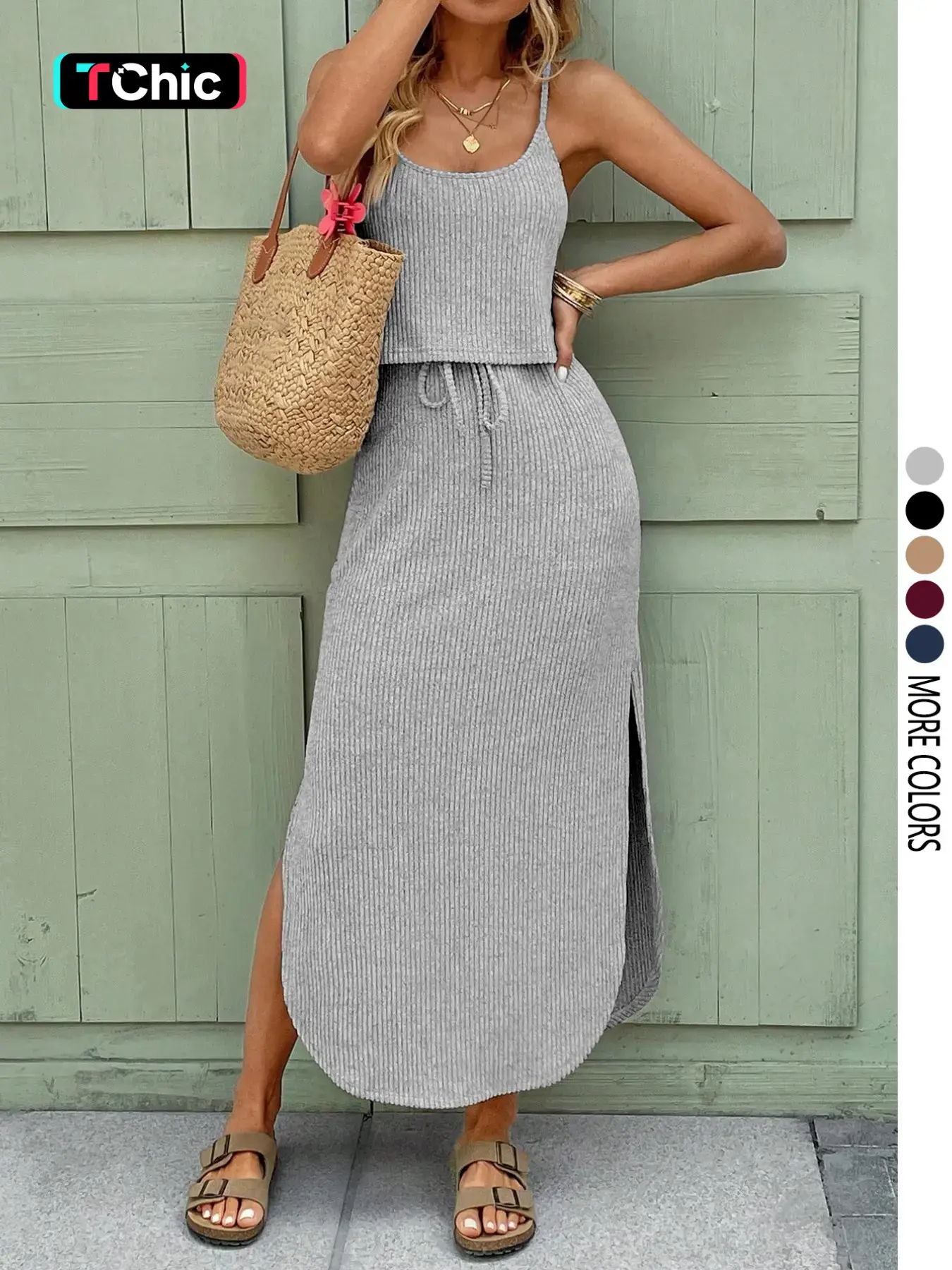 Women's Casual Chic Ribbed Dress with Sleeveless Neckline, Split Hem and Drawstring, Basic Spring/Summer Casual, Adjustable