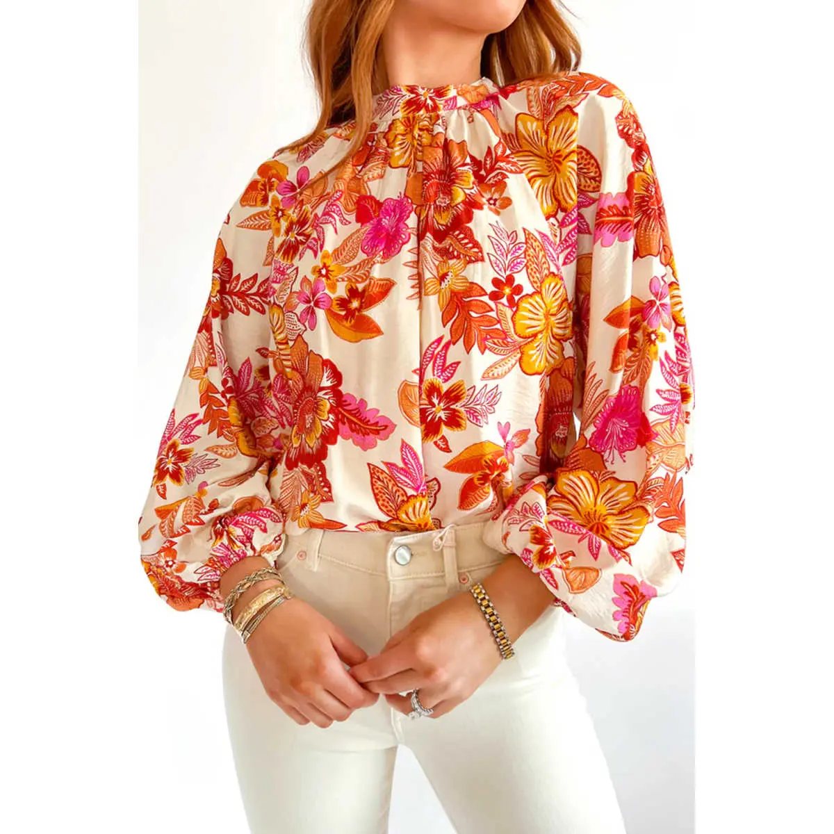 Women's Country Look Floral Viscose Blend Blouse with a Stand Neck, Long Puff Sleeves, and Pearl Button Keyhole Back, Top, Gorgeous, Glowing, Chic, Casual, Elegant