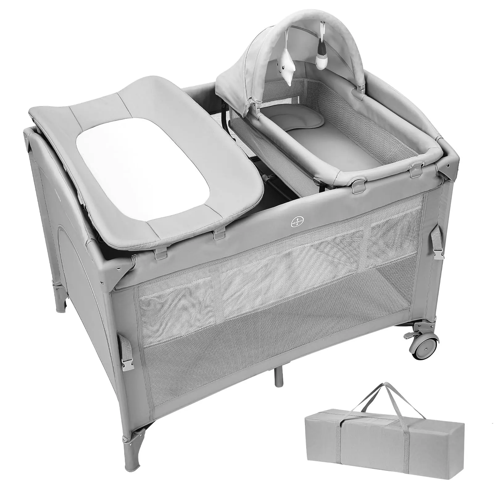 【GAOMON】5-in-1 Baby Pack and Play with Diaper Changer, Adjustable Bedside Bassinet for Newborn, Portable Crib Playard with Mattress & Sunshade, Travel Friendly Nursery Center, Grey