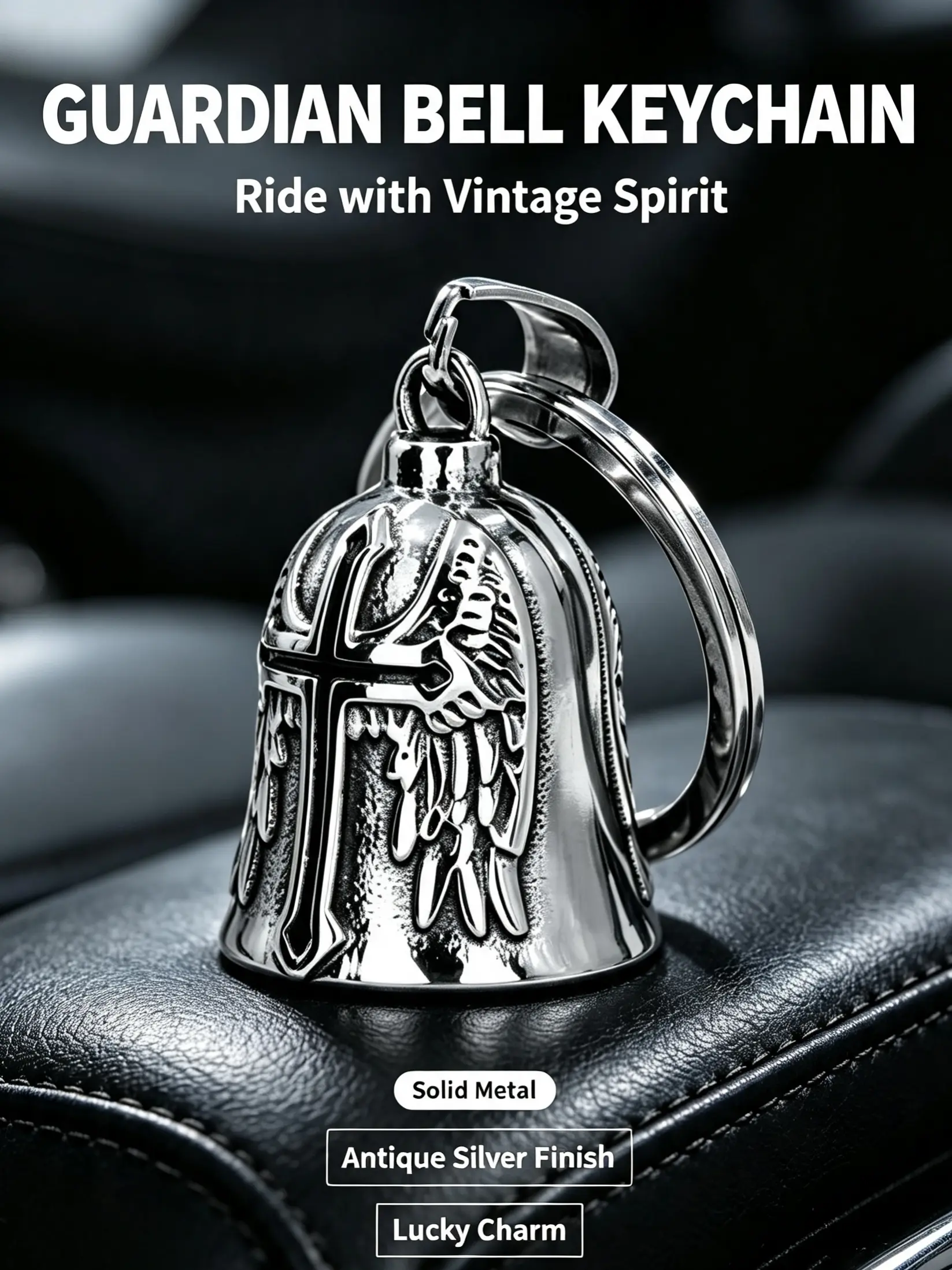 Motorcycle Guardian Bell Keychain, Vintage Silver Cross Wing Biker Bell Charm for Motorcycle Rider Gift
