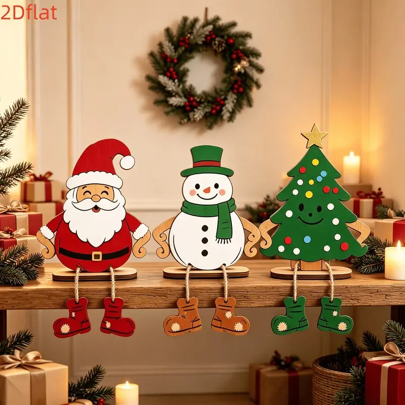 3-Piece Christmas Wooden Shelf Decor Set: Santa Claus, Snowman, and Christmas Tree Wooden Ornaments with Hanging Boot Accents Perfect for Holiday Display on Fireplace Mantels, Tables, and Indoor Spaces