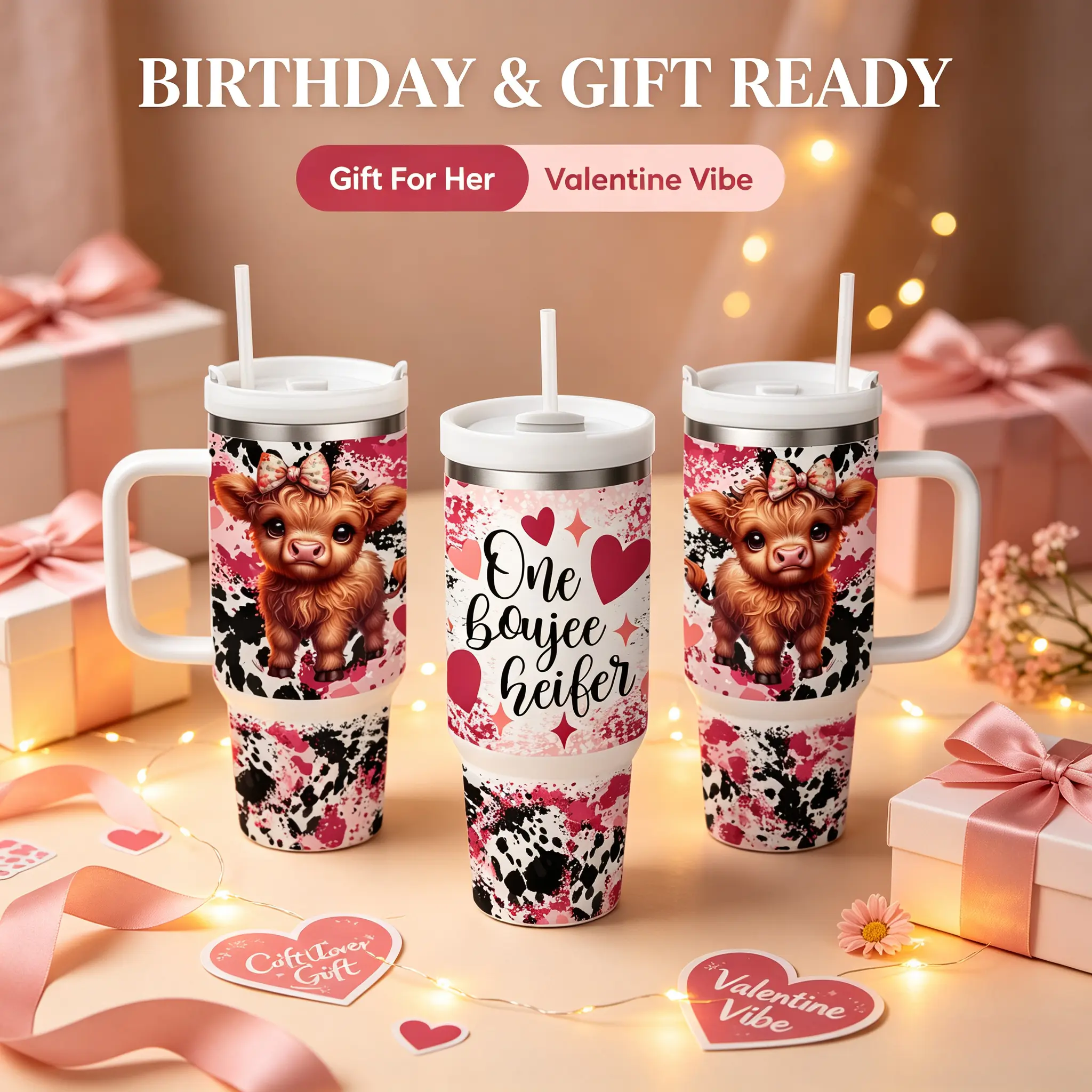 40oz Pink Highland Cow Themed Double-Wall Vacuum Thermos Cup, 304 Stainless Steel, 24H Cold Retention, 12H Heat Retention, "1 Boujee Heifer" Design, Ideal Birthday/Christmas Gift (Kitchenware Drinkware)