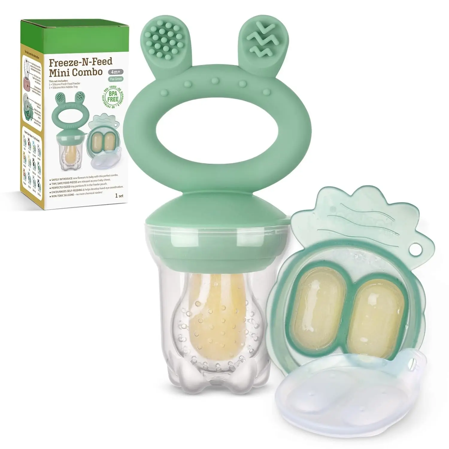 Baby Fruit Feeder Pacifier and Mini Freezer Tray Set, BPA-Free Silicone Utensil for Infant Self-Feeding and Cooling Teething Relief, Unisex, Pea Green