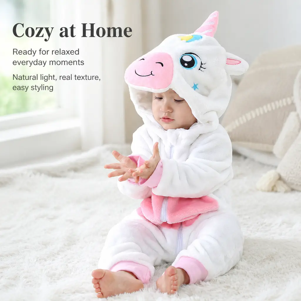 Girls' Cute Blush Pink-White Unicorn Plush Hooded Baby Onesie, Warm Flannel Animal Costume