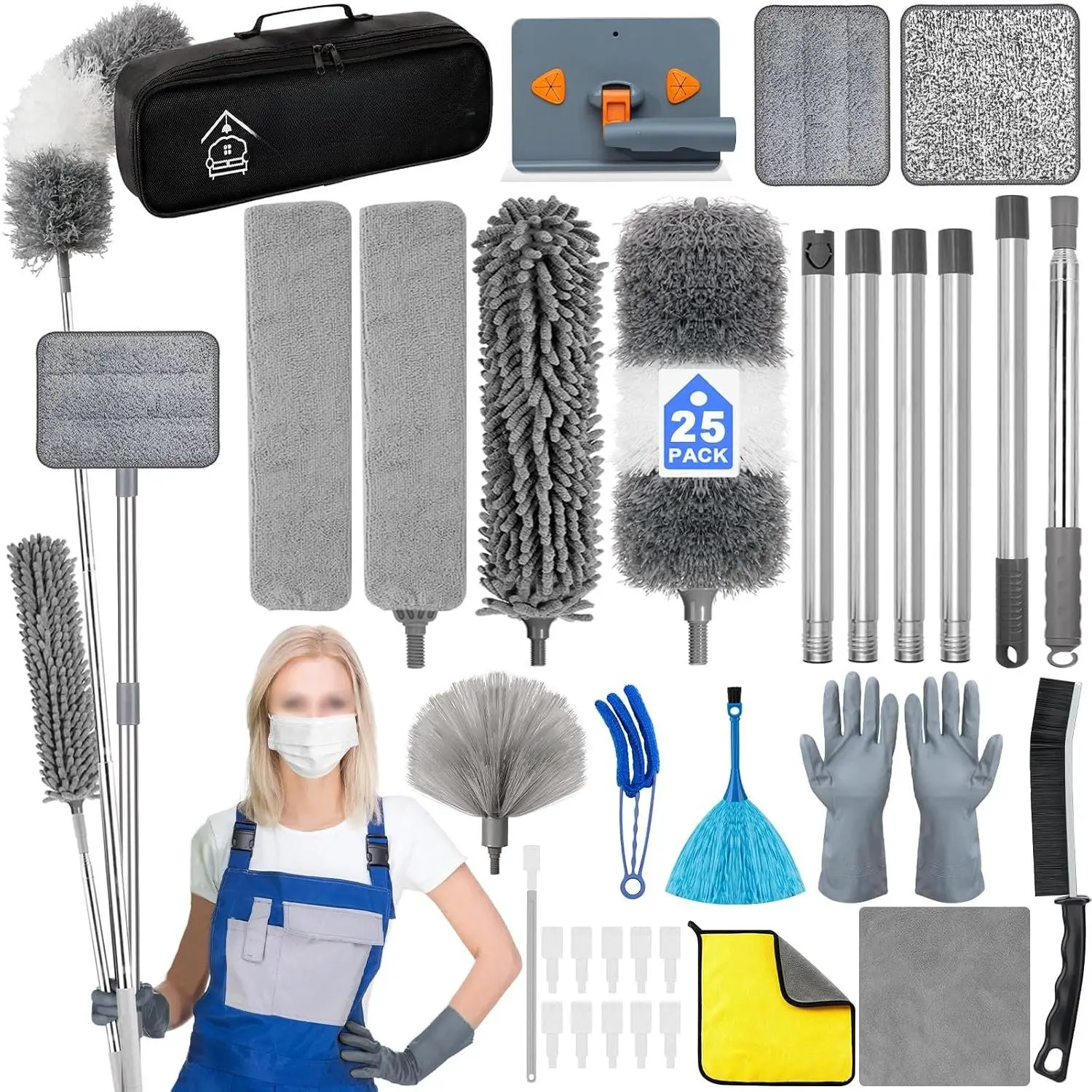 Microfiber Duster Kit 25 count with 30 to 100 Inches Extension Pole and Baseboard Cleaner Tool, Washable and Bendable  Duster for Cleaning Ceiling Fans, High Ceilings, Cobwebs, Blinds,Grey
