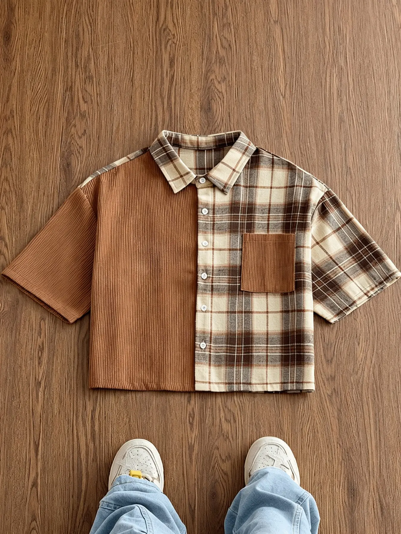 Men's Cropped Patchwork Short Sleeve Shirt, Velvet Plaid Mixed Material Short Collar Dress Shirt, Vintage Casual Top, casual summer streetwear, Stylish Men's Clothing
