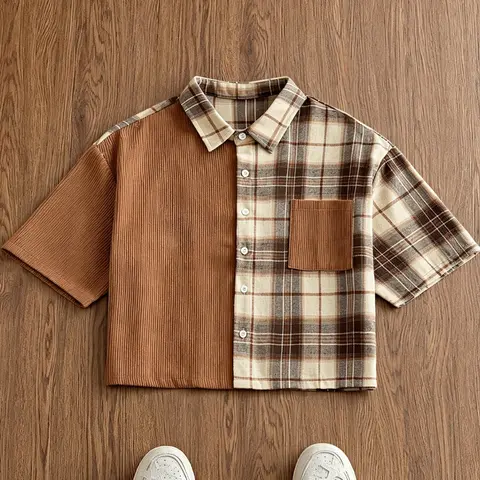 Men's Cropped Patchwork Short Sleeve Shirt, Velvet Plaid Mixed Material Short Collar Dress Shirt, Vintage Casual Top, Stylish Men's Clothing, Menswear