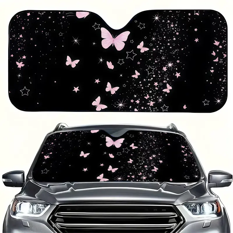 1pc. Pink Butterfly-themed Car Sun Visor. Protective Sun Visor to Keep Your Car Cool. Suction Cup Installation for Easy Installation. Suitable for Road Trips, Open-air Parking Lots, Etc. Foldable for Easy Storage. A Fun Summer Gift.