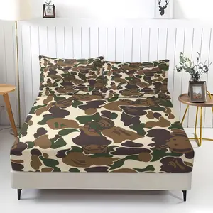 3Pcs Cartoon Monkey Camouflage Fitted Sheet Set, Streetwear Style Bedding Set, Soft Cozy, All Season, Perfect Streetwear Bedroom Teen Boys Room Casual Space Home Decor. 2 Pillowcases, No Pillow Core