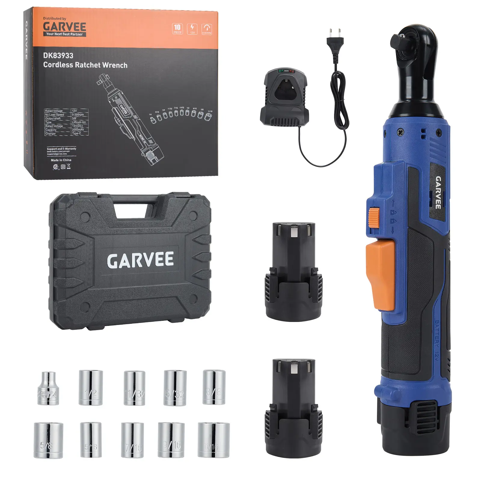 OP-High-Torque 3/8 in Rechargeable Electric Ratchet Wrench Set - 45 Nm, 0-300 RPM Adjustable Speed, LED Work Light - 21V Max, 2x 2.0Ah Batteries, Fast Charger, 10 Sockets, Carrying Case