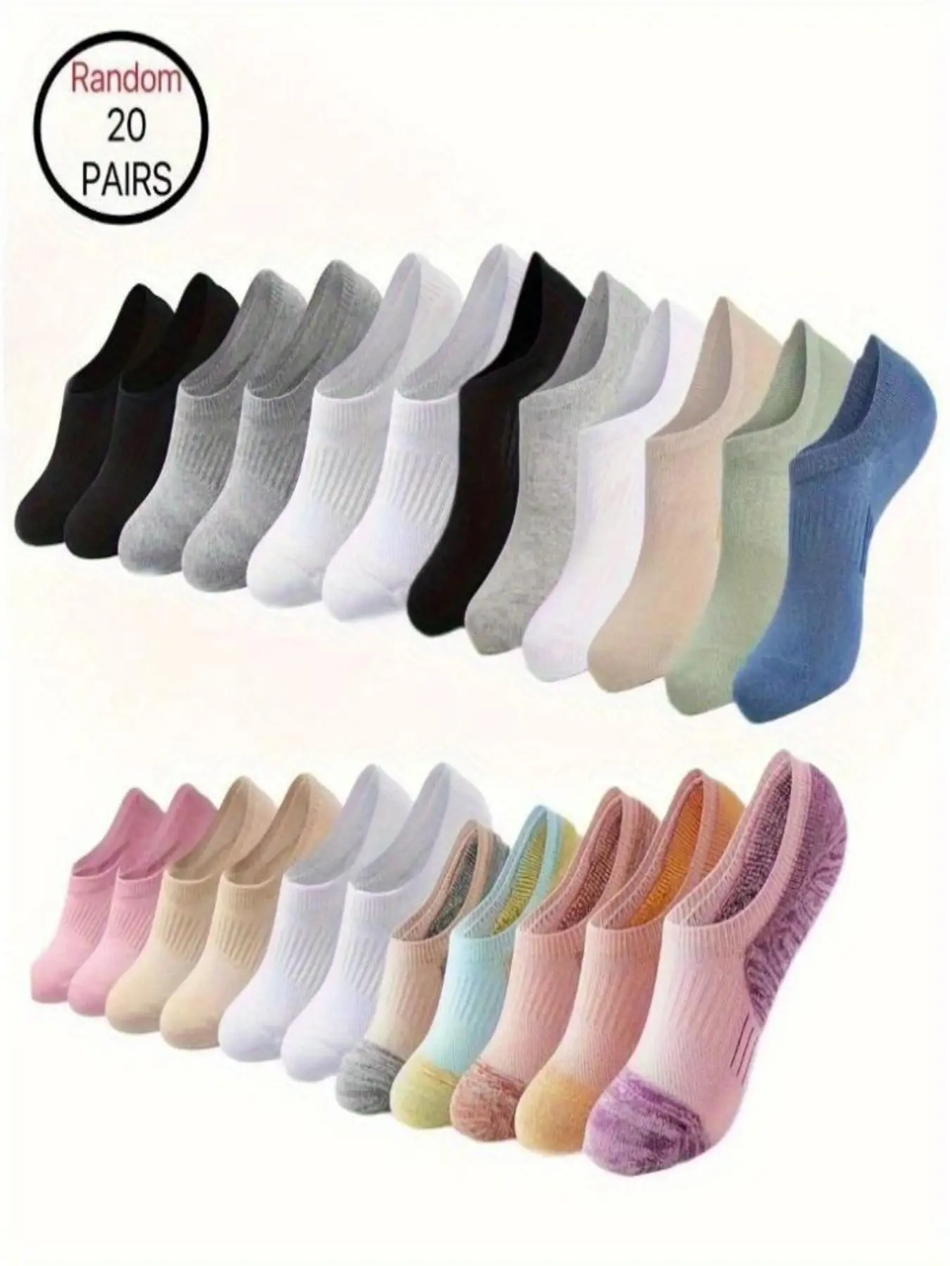 20 Pairs Women's Summer Socks, Breathable Anti-Slip Crew Socks, Sport Running Yoga Socks, Invisible No-Show Socks, Multi-Color Combo