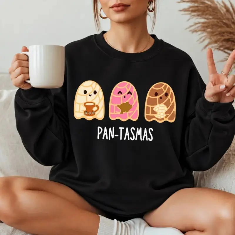 Women’s Pantasmas Ghost Funny Spooky Conchas Mexican Ghost Graphic Sweatshirt, Crewneck Long Sleeve Pullover, Cozy Vintage Fall Top For Spooky Season, Parties, Daily Wear & Holiday Gifts