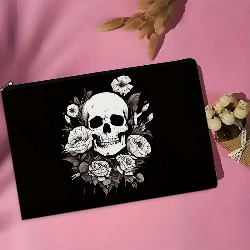 Large Capacity Cosmetic Bag, Skull Flower Pattern, Halloween Christmas Thanksgiving Gift, Lightweight Travel Makeup Bag