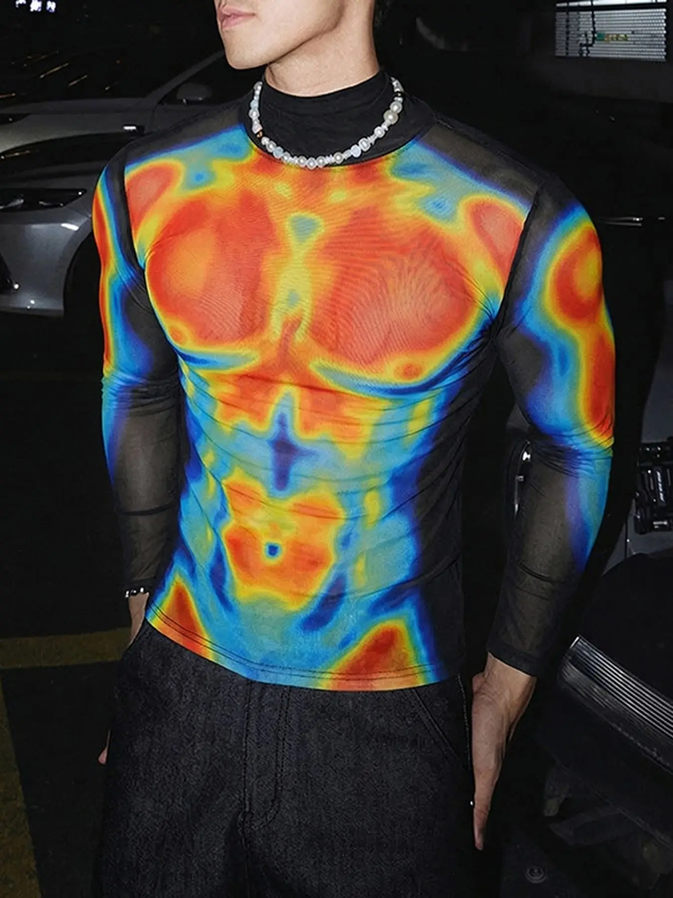 INCERUN Men's Thermal Imaging Print Mesh Long Sleeve T-Shirt, Fashion Party Wear, Stylish and Comfortable, Perfect for Casual
