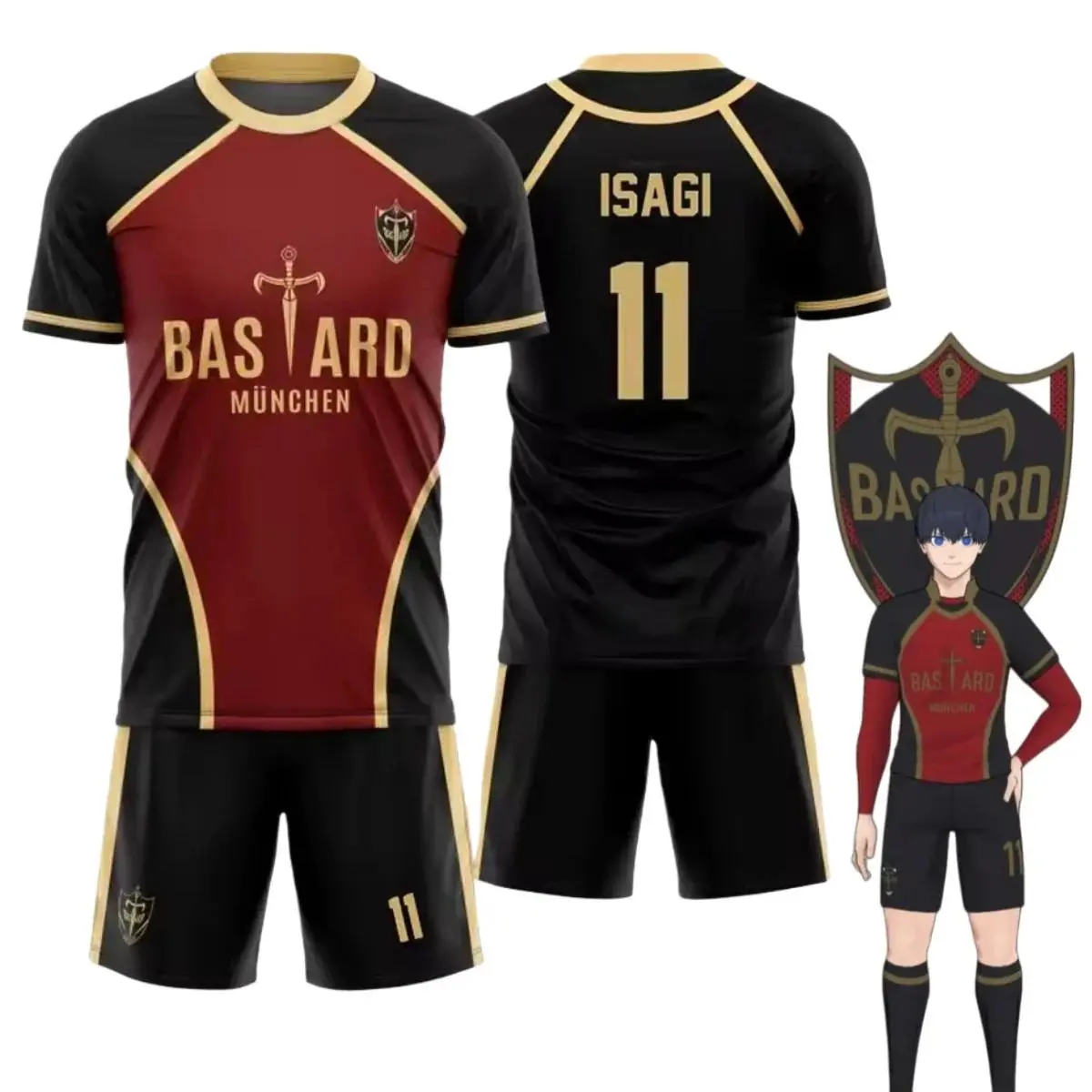 Anime Isagi Yoichi 11 Bastard Munchen Polyester 3D Printed Football Jersey Set, Mens Sports Cosplay Costume for Parties, Soccer Uniform Shirt