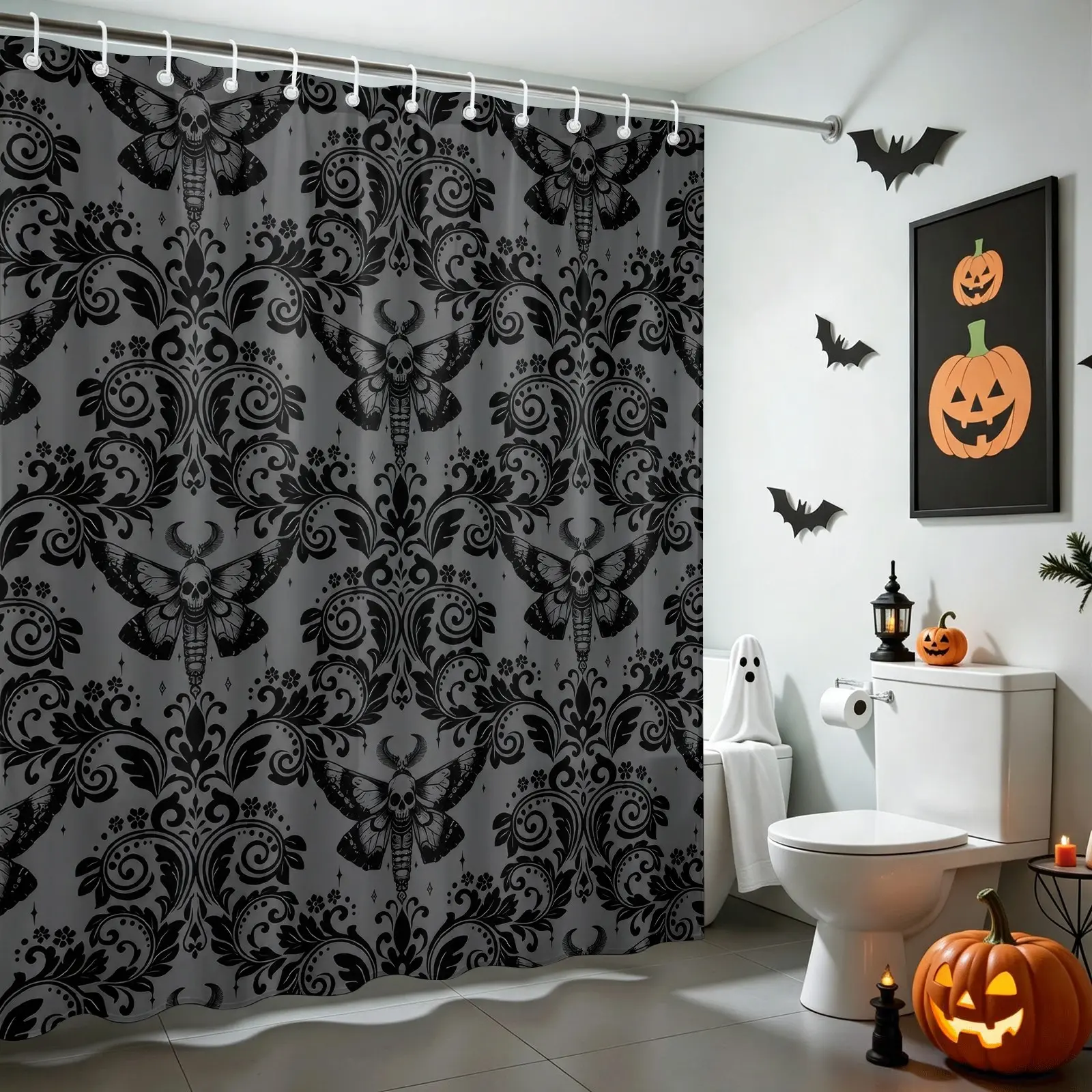 Gothic Skull Moth Damask Shower Curtain 72"x72", Waterproof Cloth Fabric Bathtub Curtain with 12 Hooks, Spooky Halloween Bathroom Decor Accessories for Holiday Home Bathroom Renovation
