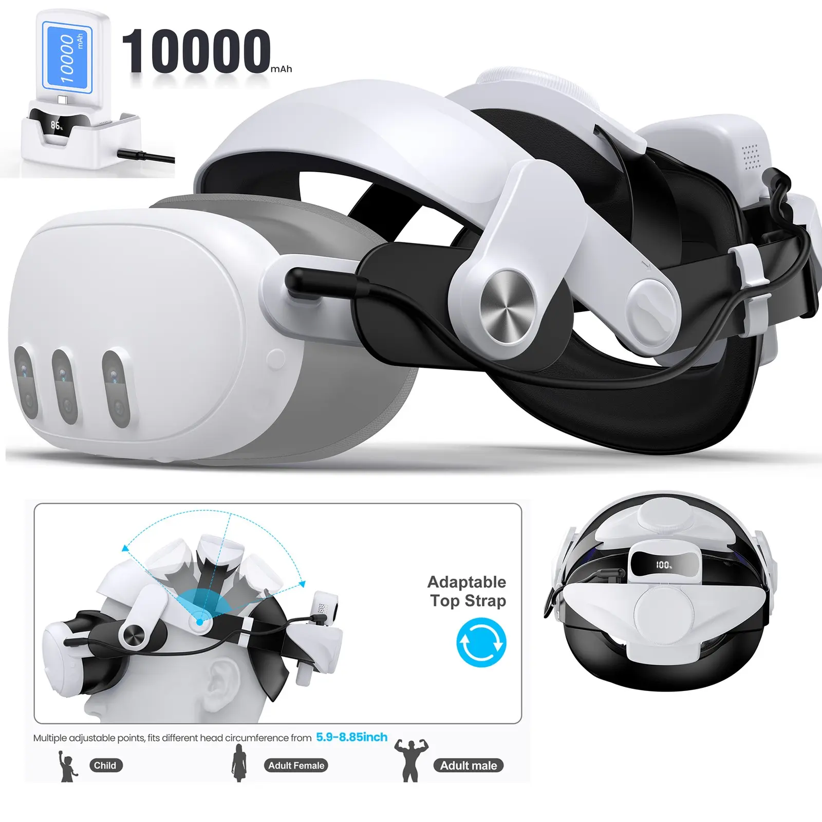 VR Plastic Head Strap with 10000mAh Hot-Swappable Battery Pack for Meta Quest 2/3/3s Series, Compatible with VR Cable Setup Devices