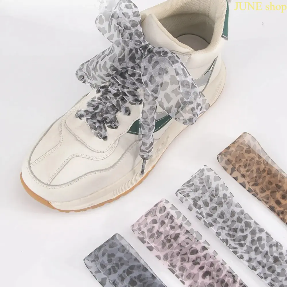 White Leopard Print Organza Ribbon Shoelaces In 4 Centimeter Extra-Wide Design, Lightweight Silky Flat Replacement Laces For Customizing Daily Casual Sneakers And Upgrading Ordinary Footwear With Distinct Styling Details