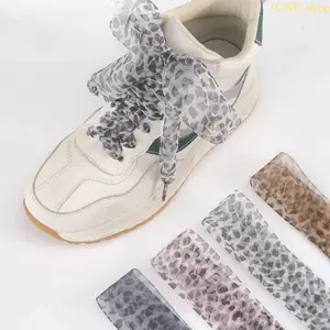 White Leopard Print Organza Ribbon Shoelaces In 4 Centimeter Extra-Wide Design, Lightweight Silky Flat Replacement Laces For Customizing Daily Casual Sneakers And Upgrading Ordinary Footwear With Distinct Styling Details