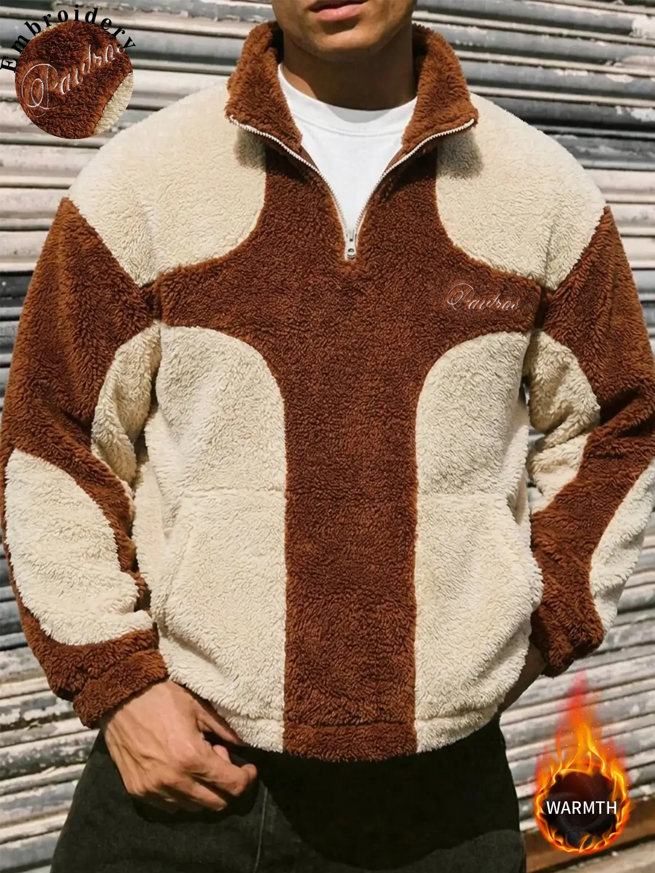 Men Color‑Block Sherpa Quarter Zip Pullover Jacket, Loose Boxy Fit Fluffy Warm Fleece Sweatshirt, Embroidery Patchwork One‑Wear‑Multiple‑Ways Top For Outdoor Camping Commute Street Casual Fall Winter