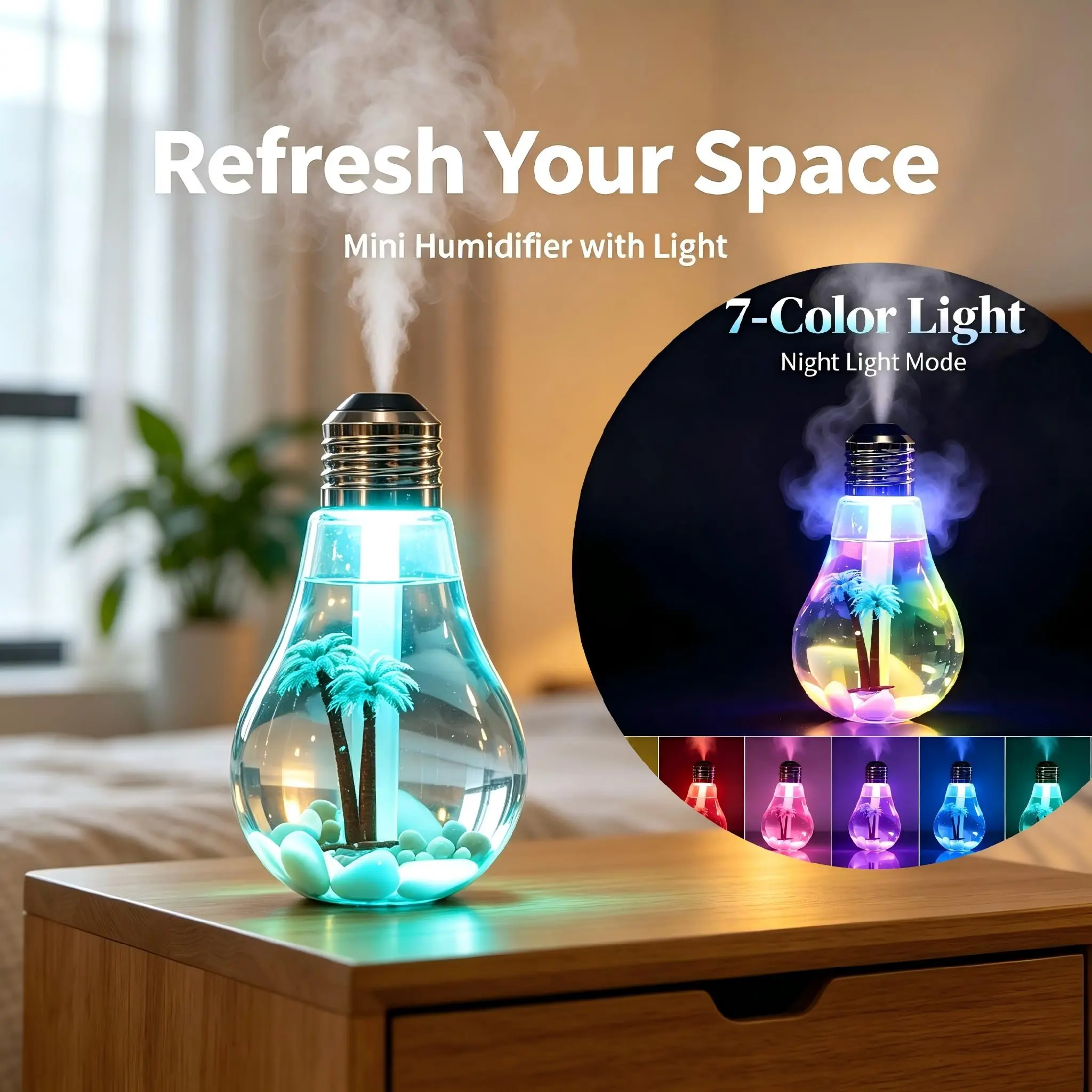 Bulb Shaped Humidifier, USB Portable Cool Mist Humidifier with Color LED Night Light, Mini Desktop Decor Humidifier for Bedroom Car Office