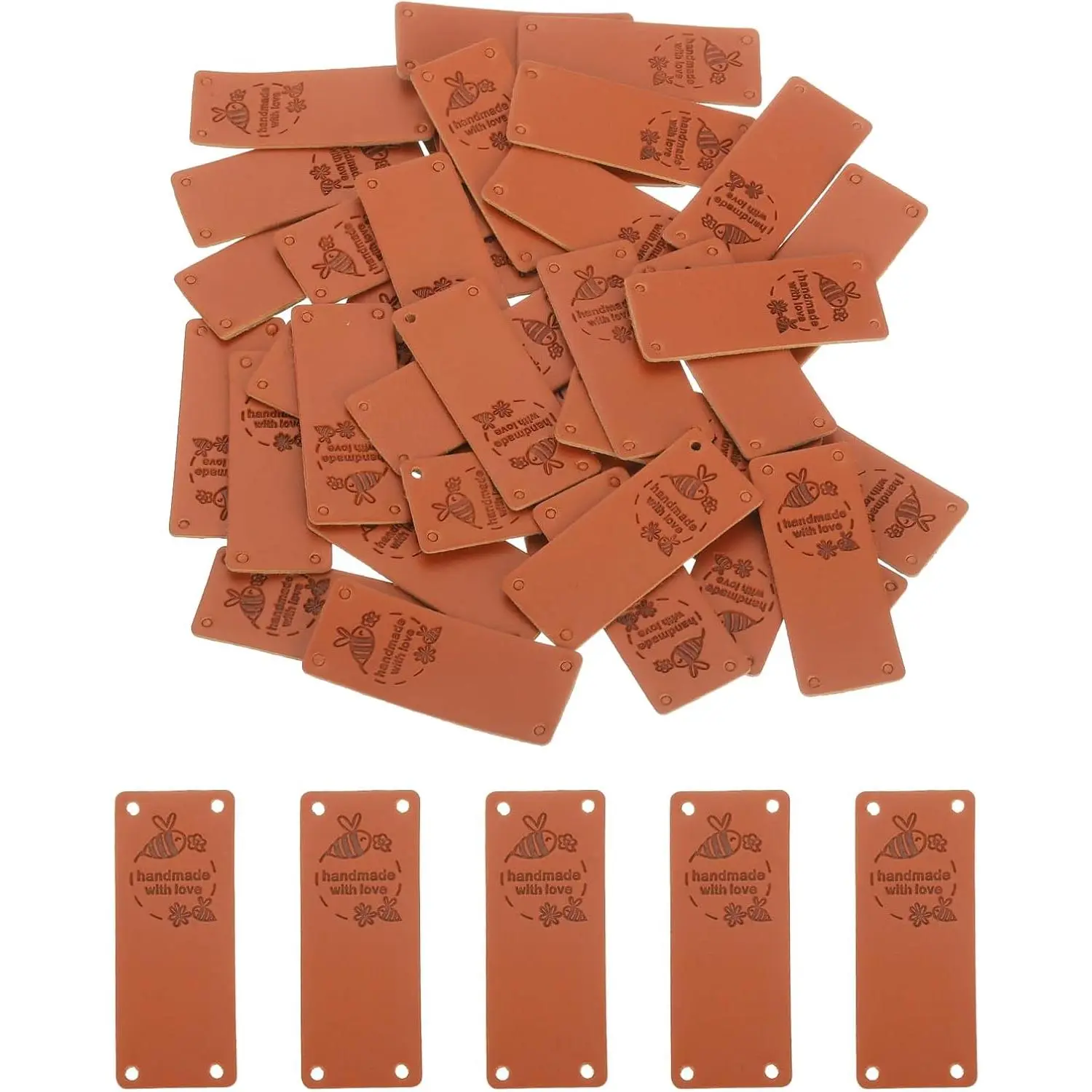 50 count  Leather Labels, PU Leather  Tags Button with Hole Embossed Tag for Embellishment DIY Sewing Crafts, 50x20mm, Bees