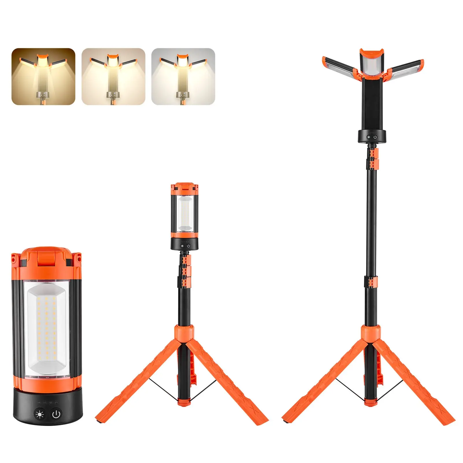 【toolupgrade】VEVOR LED Work Light with Stand, 13.2Ah, Rechargeable Cordless Camping Light, with 3 Lamp Heads, Detachable Tripod Stand, 2200 Lumens 3000K-6500K Dimmable, Portable Construction Lighting for Job Site