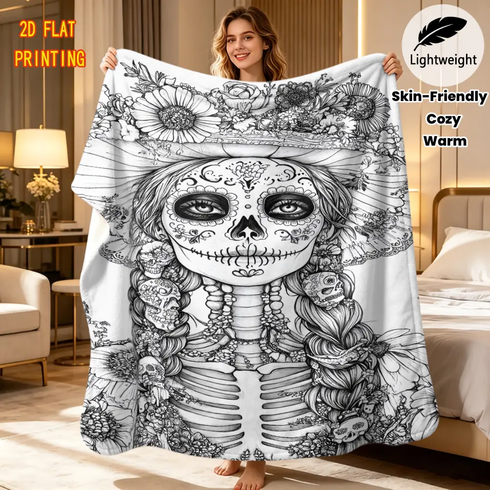 Black White Sugar Skull Floral Skeleton Lady Coloring Throw Blanket Ultra Soft Flannel Blanket Day of The Dead Halloween Line Art Blankets Sofa Bed Couch Gothic Tattoo Home Decor Lightweight Cozy Holiday Gift