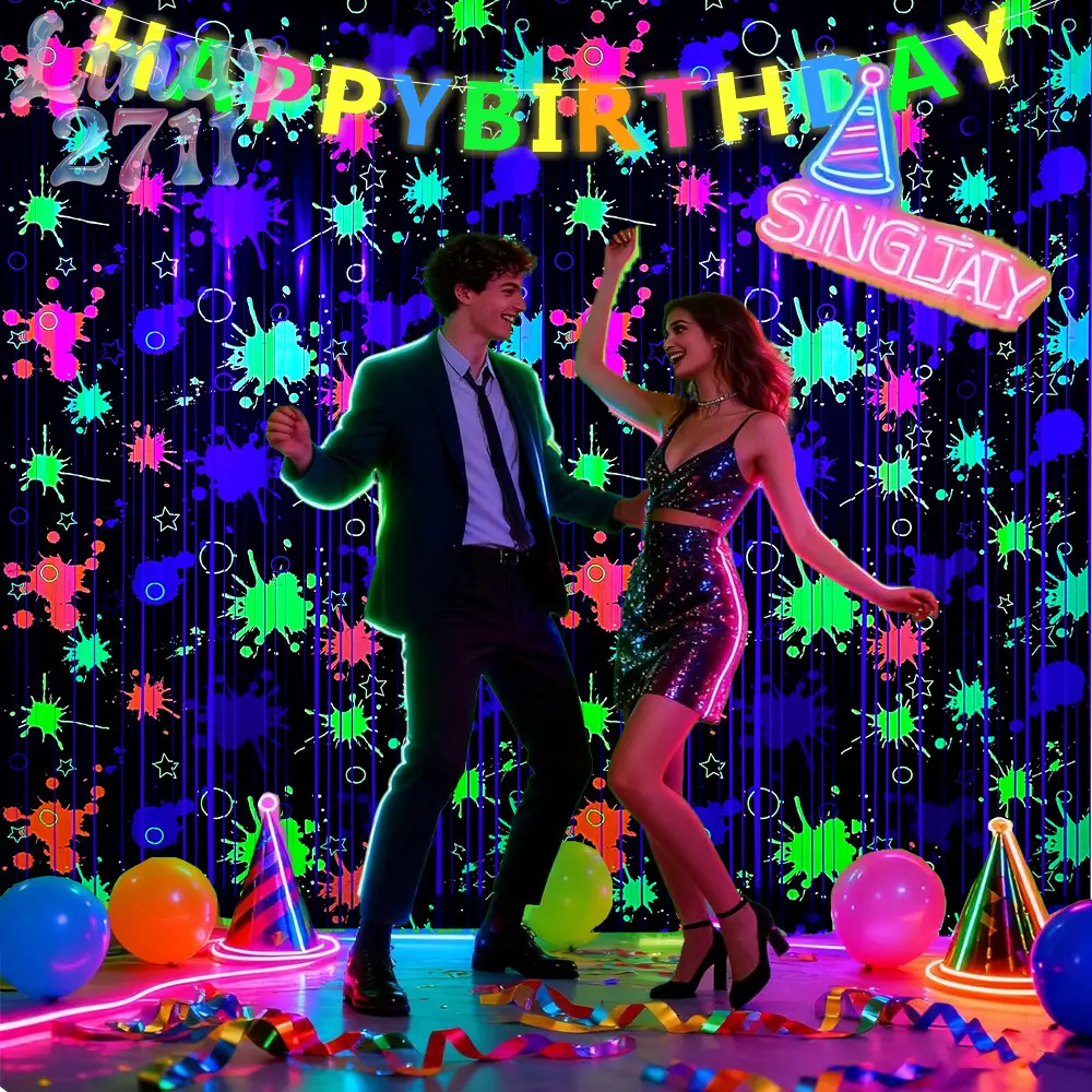 UV Fluorescent Paint Splatter Tinsel Fringe Curtain Multicolor Glow In Dark Rain Silk Door Curtain Teen Blacklight Glow Birthday Graffiti Dance Party Photography Backdrop Decor