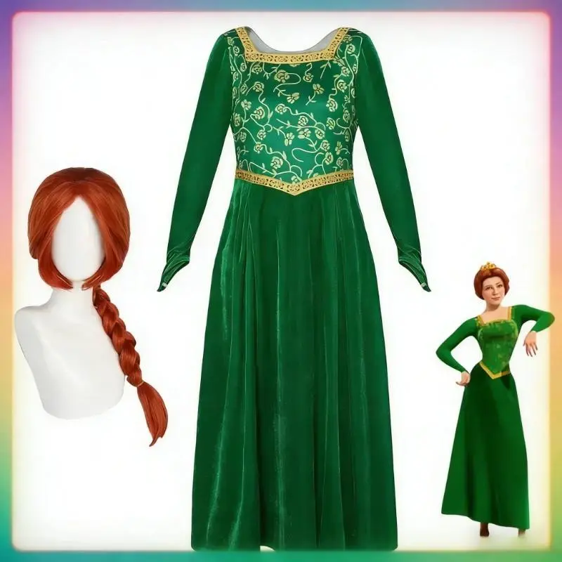 Cosplay Costume Anime Fiona Princess Dress Wig Woman Long Sleeves Green Dress Halloween Cosplay Halloween Carnival Clothe