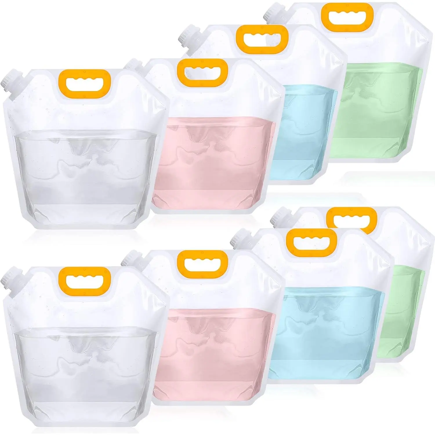 Collapsible Water Storage Bag 1.3 Gallon, Portable Plastic Water Jug with Freezable Carrier Pouch, Foldable Bottle for Camping, Hiking, and Emergency Preparedness, 8 Pack Clear
