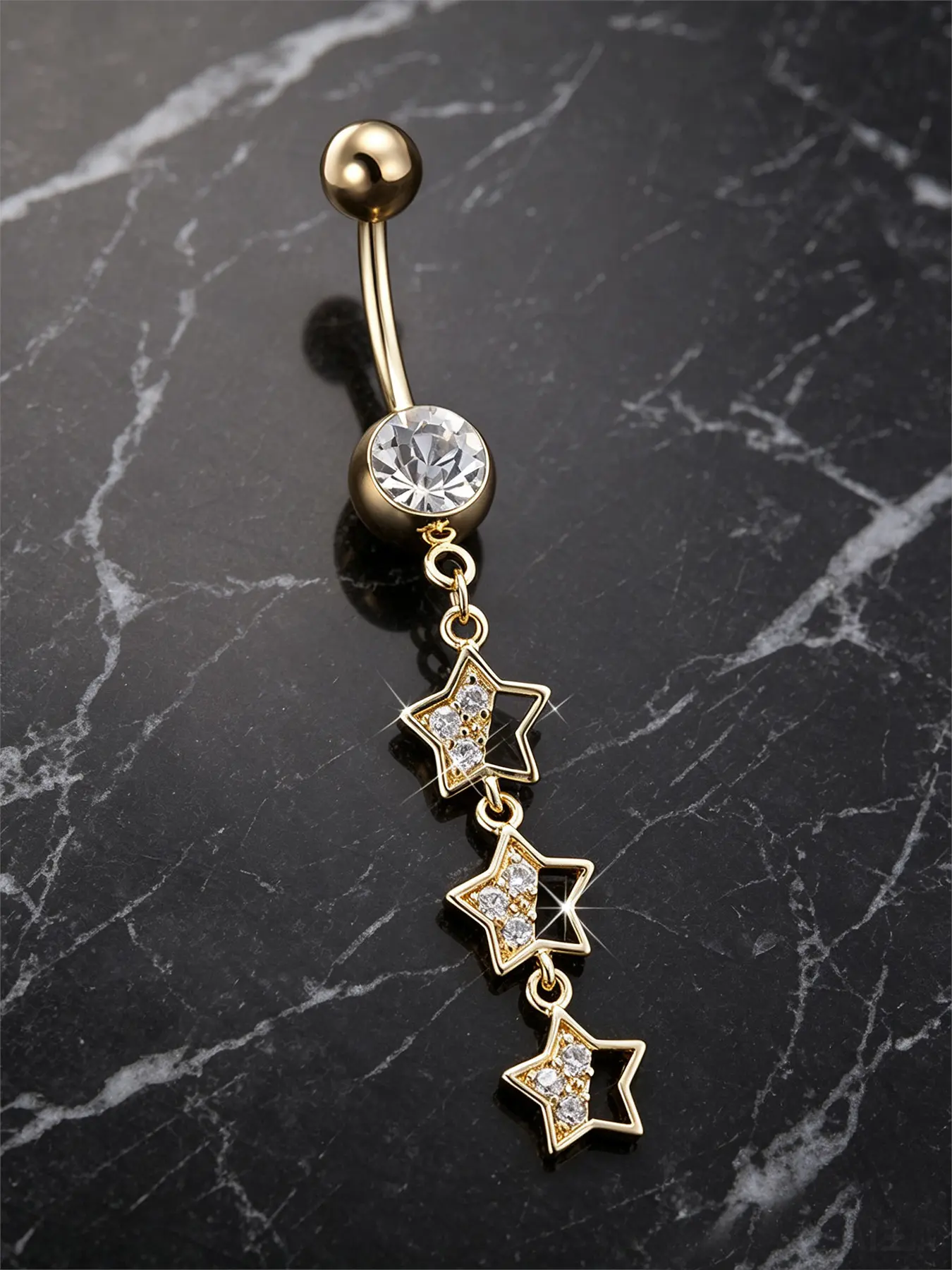 Y2K Trendy Long Triple Star Sparkly CZ Dangle Belly Ring, Stainless Steel Inlaid Zircon Navel Piercing Jewelry, Cute Summer Outfit Accessories for Women