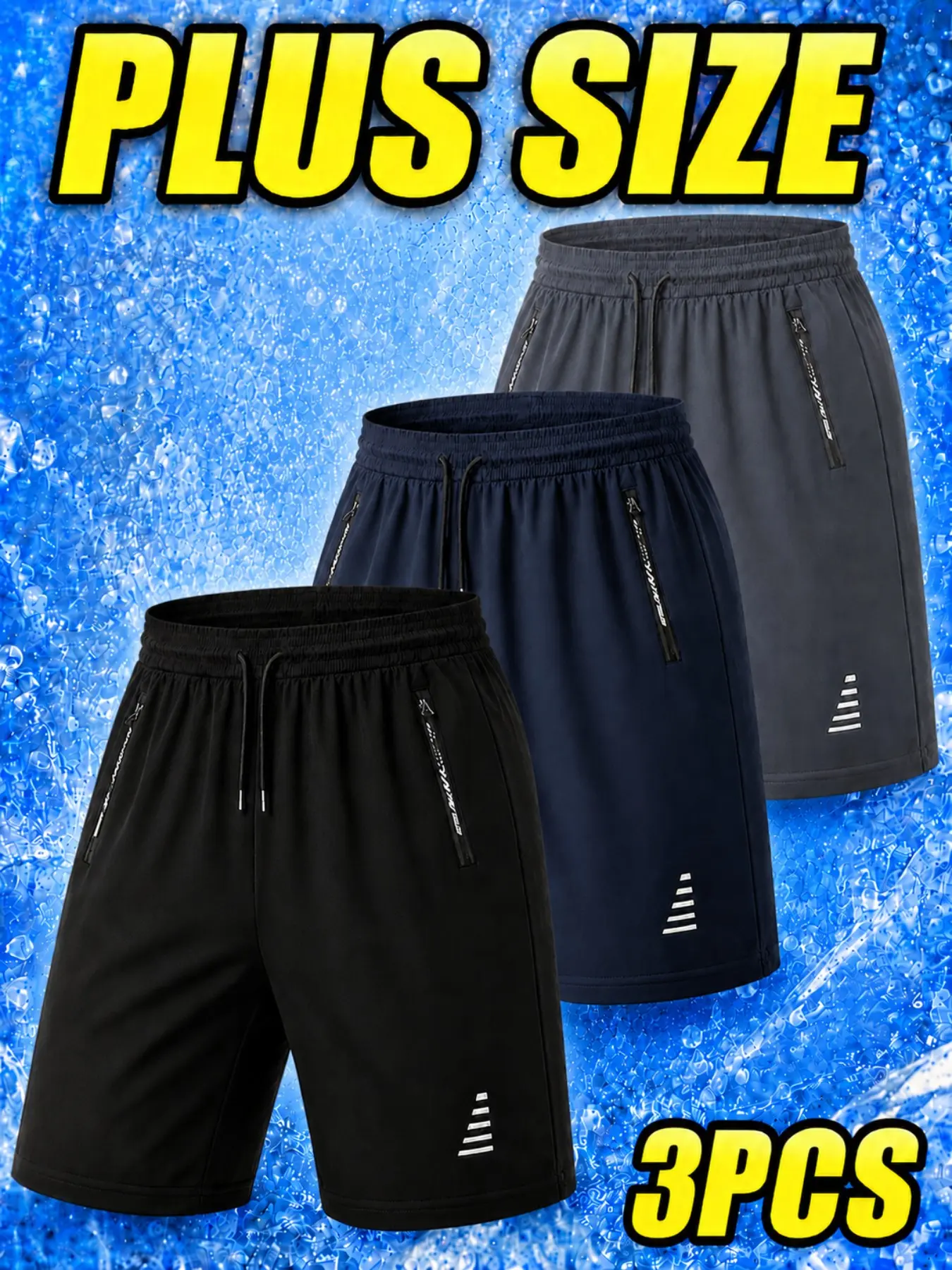 3pcs Men's Plus Size Sport Shorts, 3xl-6xl Loose Fit, Gym Sports Shorts, Moisture-Wicking, Quick-Dry, Elastic Fabric, Zip Pockets, Ideal for Sports & Casual Wear