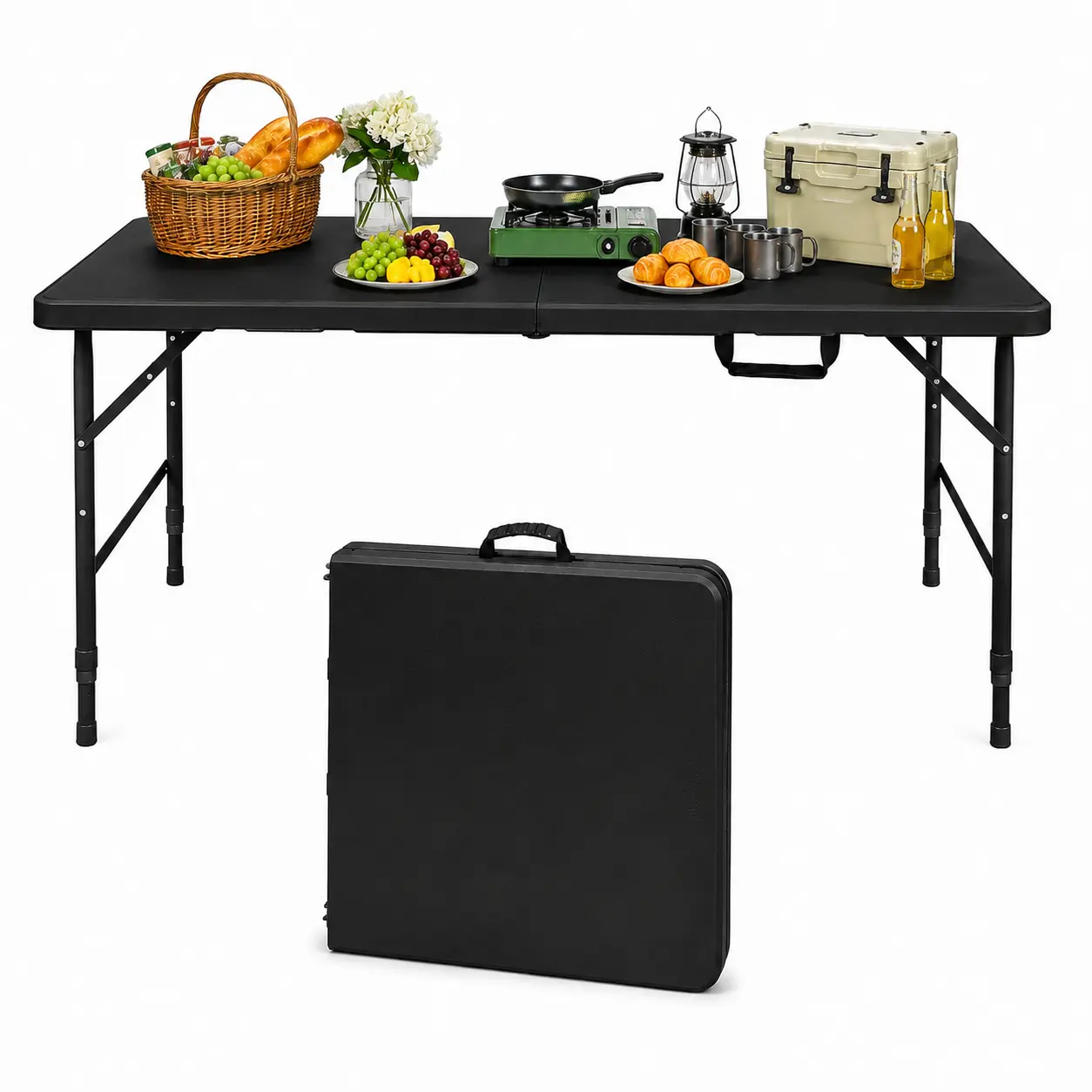 Garvee 4FT Folding Table, Adjustable Height Portable Plastic Table with Reinforced Steel Legs, Fold-in-Half Design, Carry Handle, Gravity Lock and Anti-Skid Foot Pads for Camping, Picnic, Party, Dining, Kitchen, Patio, Beach, Events and Trade Shows