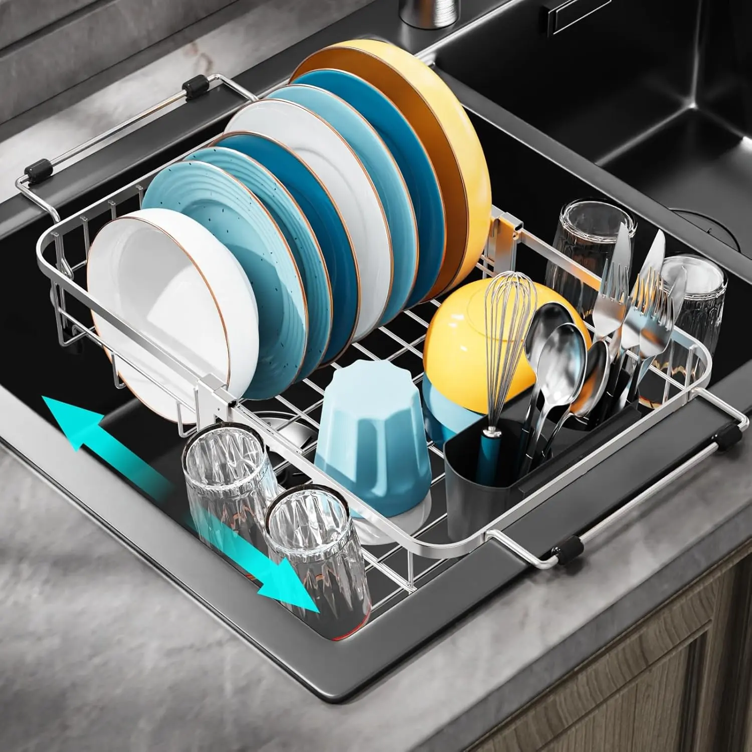 Small in Sink Dish Drying Rack - Expandable Stainless Steel Compact Over The Sink Dish Drainer with Utensil Holder for RV Kitchen Apartment, Silver
