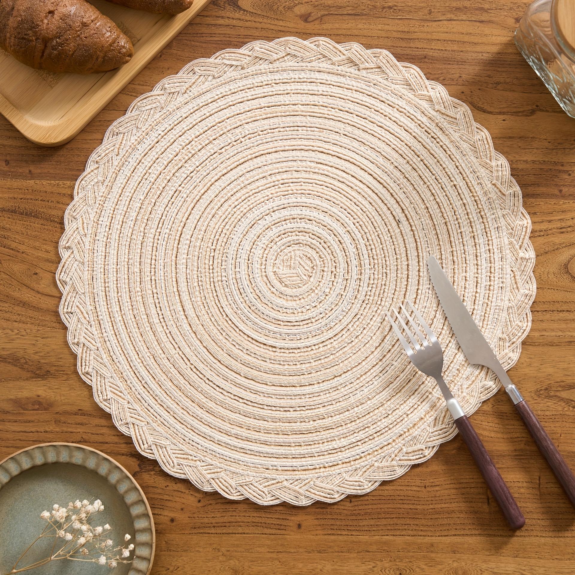 4/6/12pcs Round Woven Placemats with Lace Trim, 29.97 cm - Solid Color Options, Retro Style Kitchen Table Decor Mats for Bowls & Cups, Non-Slip Pads Suitable for Holiday Gatherings, Birthday Parties, Wedding Dinners, and Home Décor