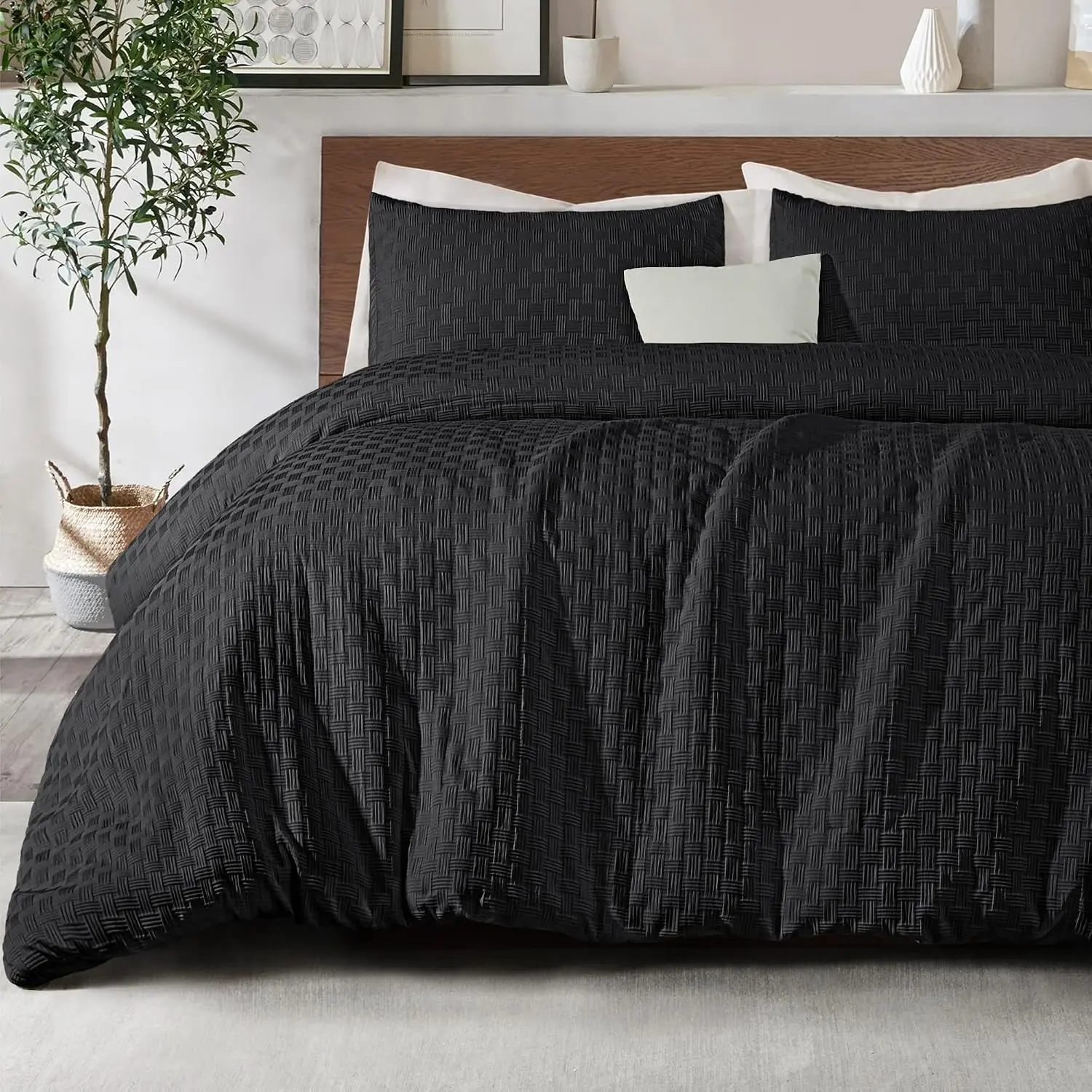 Jacquard Checkered Extra Soft  Comforter Set, Black | Reversible Microfiber Comforter  Size Bedding Set with 1 Pillowcase, Lightweight Breathable Duvet for  Seasons