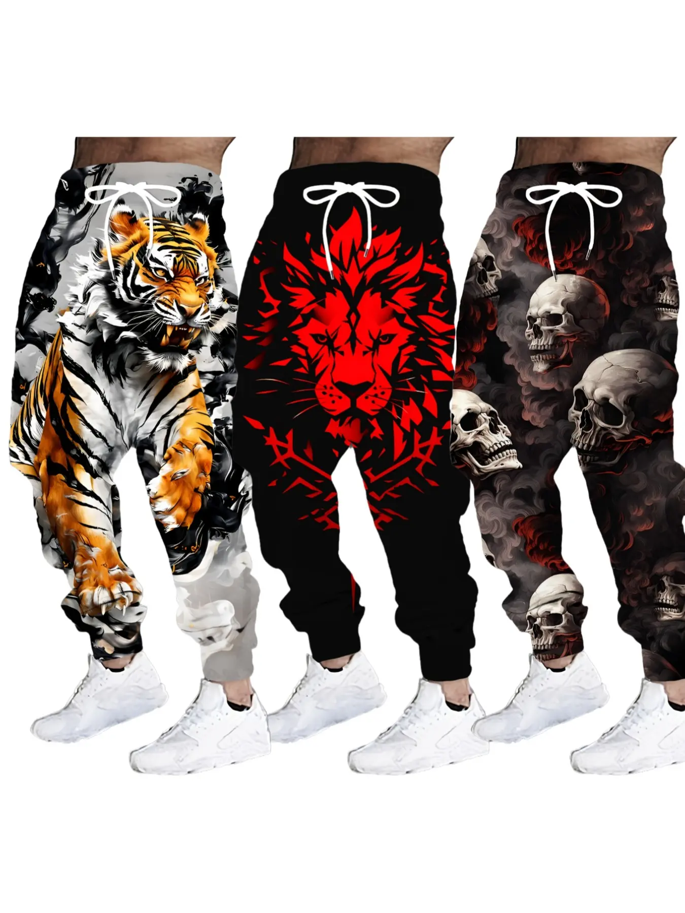 3 Pcs Bold Animal Print Sweatpants, Ink Wash Tiger Lion Skull Patterns, Streetwear Fitted Ankle-Length Pants for All Seasons