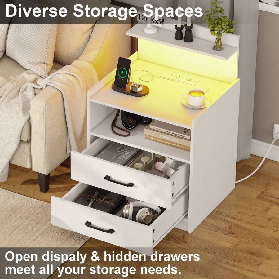 - White LED Nightstand with Charging Station, Bedside Table with 2 Drawers & Open Storage, RGB LED Lights, 2 USB Ports + 2 Outlets, 15.7"Dx17.7"Wx28.7"H, MDF Material