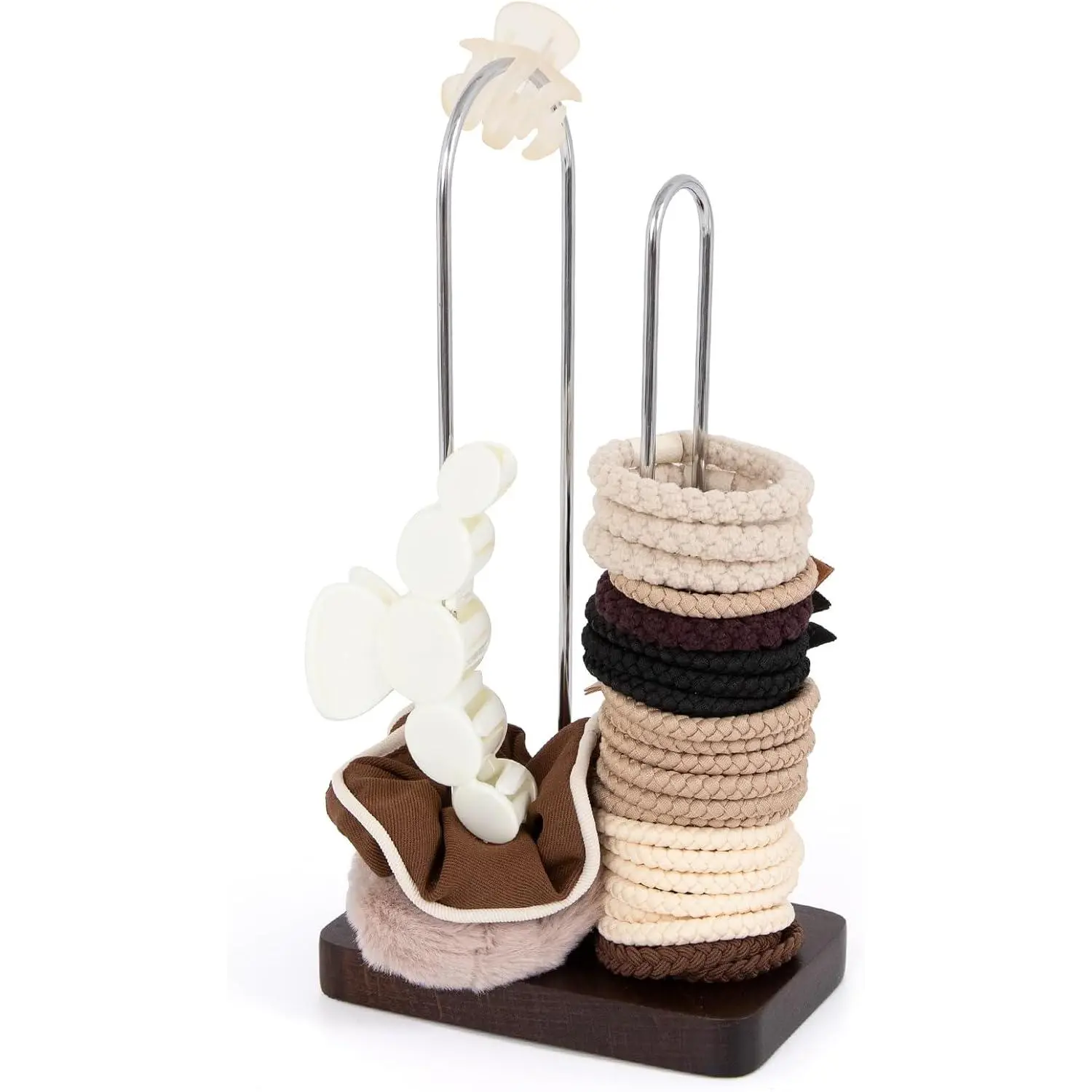 Scrunchine Holder Stand, 2 Tier Hair Tie Tower Hold 50~70 Scrunchies,Claw Clip Holder, Modern Fashion Hair Ties Organizer Storage for Girls, Women, Display(Walnut Color)